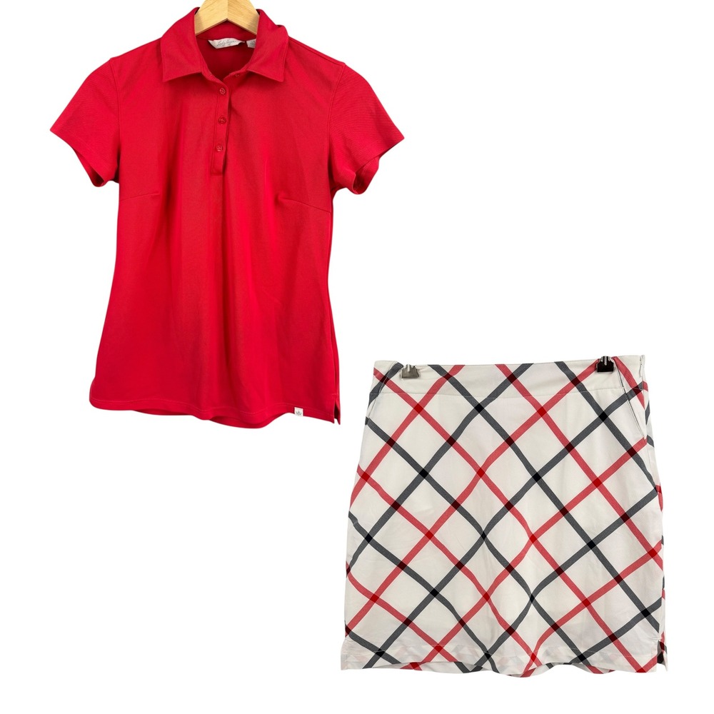Lady Hogan Golf Outfit‎ Womens XS Red Polo Shirt and Size 4 Plaid Skort Set